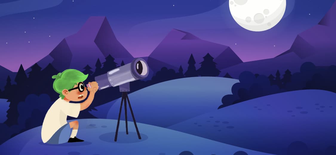 Ilustração de colinas de noite. Nelas, um menino está observando a Lua através de um telescópio, contemplando as possibilidades infinitas do espaço